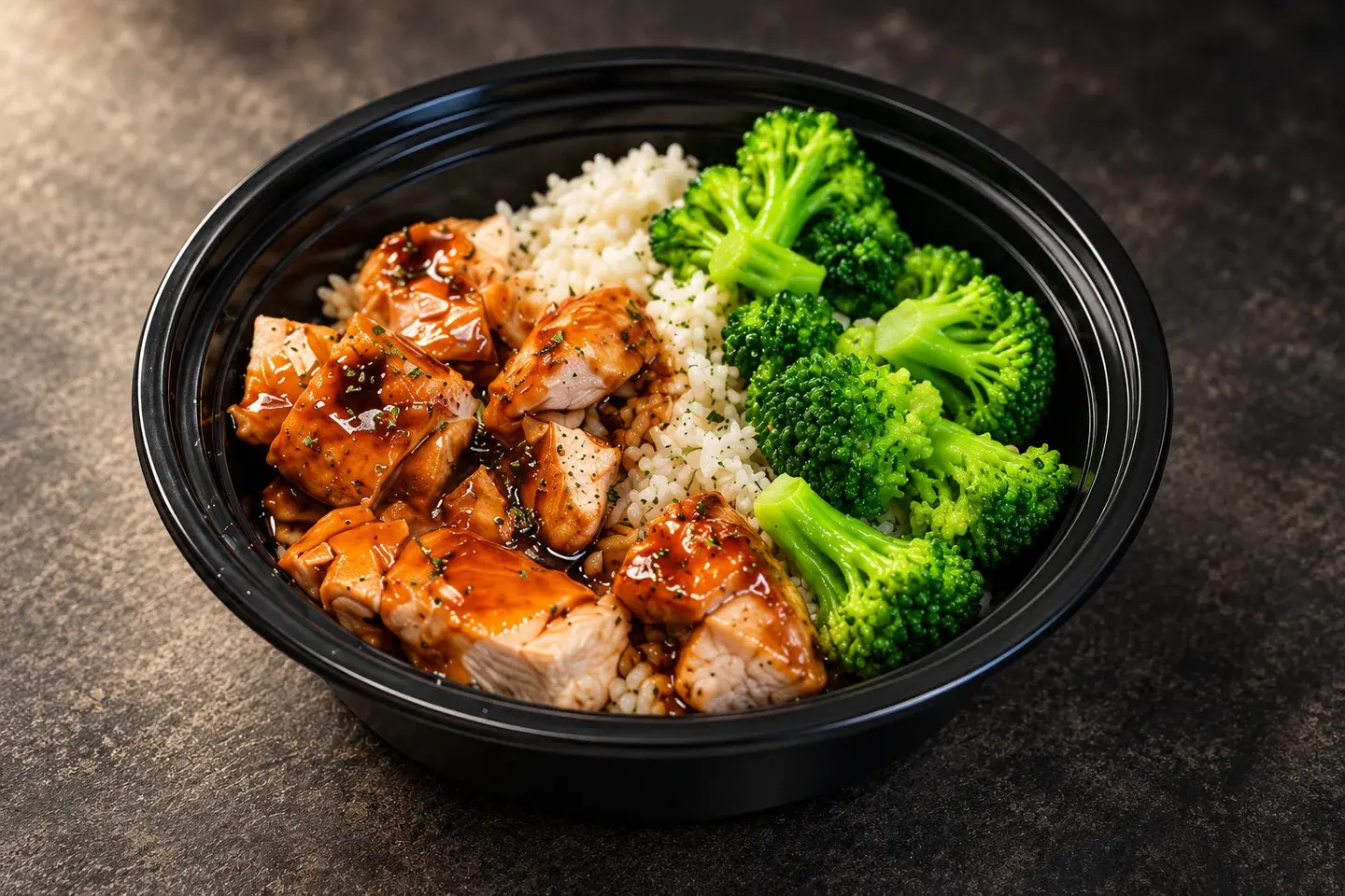 Glazed chicken with rice and broccoli, ready to eat