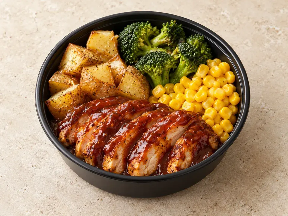 BBQ chicken with potatoes, broccoli, and corn