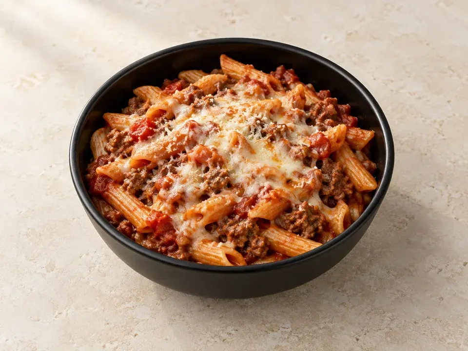 Cheesy beef penne